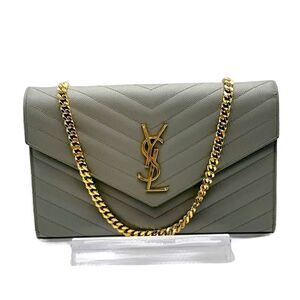 Auth Saint Laurent Gray Caviar Quilted Cassandre Wallet On Chain (WOC) Clutch